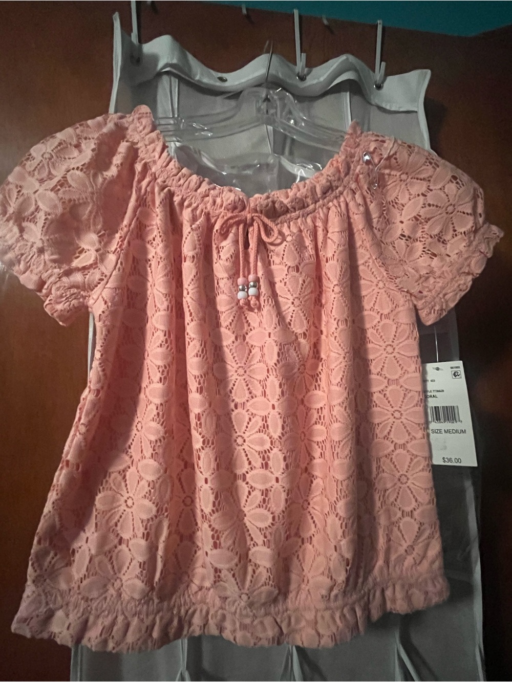 Amy Byer Girls Peach Floral Lace top with Drawstring neckline size medium